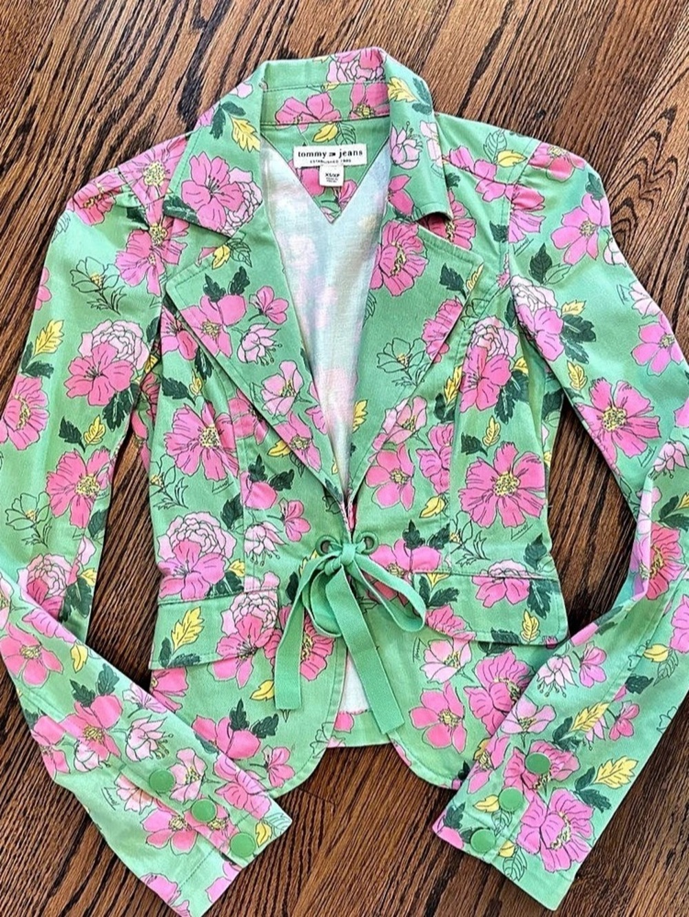 Tommy Jeans Floral Tie-Front Blazer in Green & Pink XS Like New